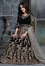 Load image into Gallery viewer, Black Velvet Abaya Style Anarkali Suit