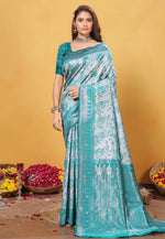 Load image into Gallery viewer, Aqua Kanjivaram Silk Saree