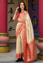 Load image into Gallery viewer, Beige Banarasi Silk Saree With Blouse