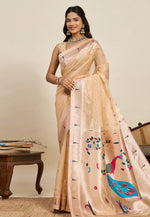 Load image into Gallery viewer, Beige Cotton Silk Paithani Saree