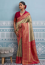 Load image into Gallery viewer, Beige Kanjivaram Silk Saree With Blouse