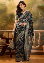 Load image into Gallery viewer, Black Banarasi Jacquard Saree With Blouse