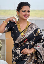 Load image into Gallery viewer, Black Banarasi Silk Saree With Blouse