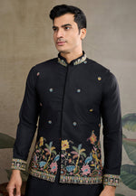 Load image into Gallery viewer, Black Cotton Kurta Pajama With Jacket