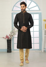 Load image into Gallery viewer, Black Dupion Silk Kurta Pajama