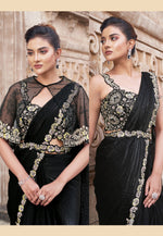Load image into Gallery viewer, Black Satin Silk Designer Saree