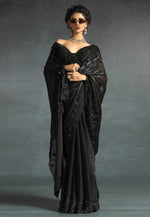 Load image into Gallery viewer, Black Satin Silk Saree With Blouse