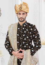 Load image into Gallery viewer, Black Silk Achkan Style Sherwani