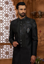 Load image into Gallery viewer, Black Silk Indo Western Sherwani