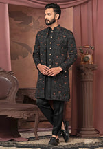 Load image into Gallery viewer, Black Silk Jacket Style Sherwani