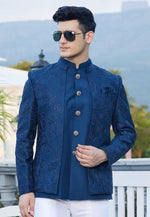 Load image into Gallery viewer, Blue Art Silk Jodhpuri Suit