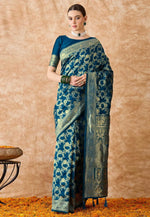 Load image into Gallery viewer, Blue Banarasi Silk Saree With Blouse