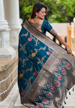 Load image into Gallery viewer, Blue Banarasi Silk Saree With Blouse