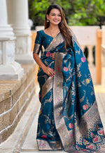 Load image into Gallery viewer, Blue Banarasi Silk Saree With Blouse