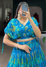 Load image into Gallery viewer, Blue Chiffon Floral Lehenga choli