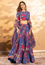 Load image into Gallery viewer, Blue Chinon Floral Lehenga choli