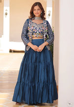 Load image into Gallery viewer, Blue Chinon Jacket Style Lehenga Choli