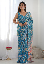 Load image into Gallery viewer, Blue Chinon Saree With Blouse