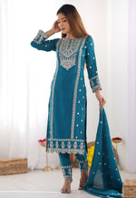 Load image into Gallery viewer, Blue Chinon Silk Readymade Pant Style Suit