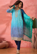 Load image into Gallery viewer, Blue Chinon Silk Readymade Pant Style Suit