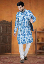 Load image into Gallery viewer, Blue Cotton Kurta Pajama With Jacket