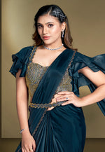 Load image into Gallery viewer, Blue Crepe Lehenga Saree