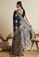 Load image into Gallery viewer, Blue Satin Silk Saree With Blouse