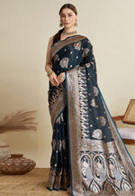 Load image into Gallery viewer, Blue Satin Silk Saree With Blouse