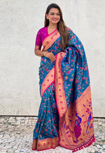 Load image into Gallery viewer, Blue Silk Paithani Saree