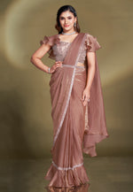 Load image into Gallery viewer, Brown Satin Silk Designer Saree