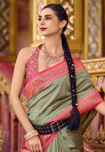 Load image into Gallery viewer, Camo Green Silk Saree With Blouse