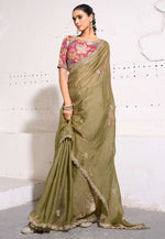 Load image into Gallery viewer, Camo Green Silk Saree With Blouse