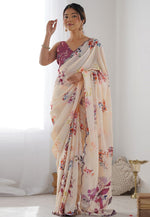Load image into Gallery viewer, Cream Georgette Light Weight Saree