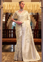 Load image into Gallery viewer, Cream Satin Silk Saree With Blouse