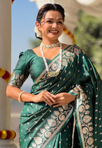 Load image into Gallery viewer, Green Banarasi Silk Saree With Blouse