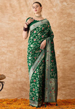 Load image into Gallery viewer, Green Banarasi Silk Saree With Blouse