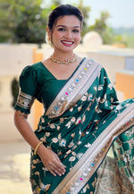 Load image into Gallery viewer, Green Banarasi Silk Saree With Blouse
