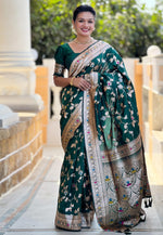 Load image into Gallery viewer, Green Banarasi Silk Saree With Blouse
