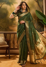 Load image into Gallery viewer, Green Khadi Saree With Blouse