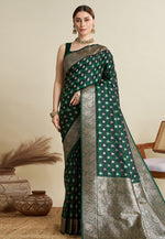 Load image into Gallery viewer, Green Satin Silk Saree With Blouse