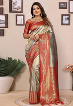 Load image into Gallery viewer, Grey Banarasi Silk Saree With Blouse