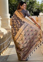 Load image into Gallery viewer, Grey Banarasi Silk Saree With Blouse