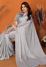 Load image into Gallery viewer, Grey Polyester Saree With Blouse