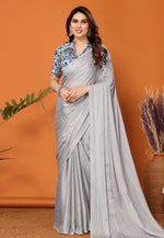 Load image into Gallery viewer, Grey Polyester Saree With Blouse