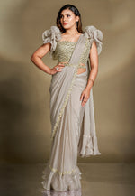 Load image into Gallery viewer, Grey Satin Silk Designer Saree
