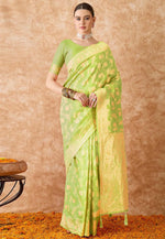 Load image into Gallery viewer, Light Green Banarasi Silk Saree With Blouse