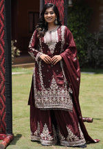 Load image into Gallery viewer, Maroon Chinon Silk Readymade Pakistani Suit