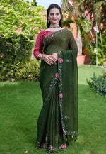 Load image into Gallery viewer, Mehndi Chiffon Saree With Blouse