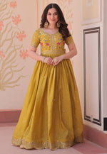 Load image into Gallery viewer, Mustard Art Silk Gown