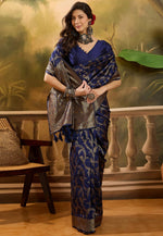 Load image into Gallery viewer, Navy Blue Banarasi Jacquard Saree